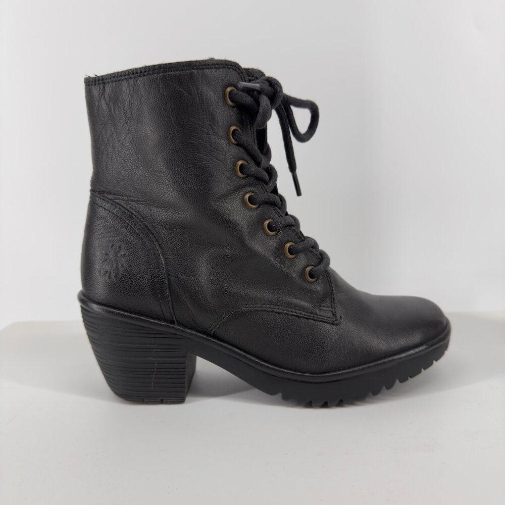 FLY LONDON Wune Black Leather Lace Up Bootie